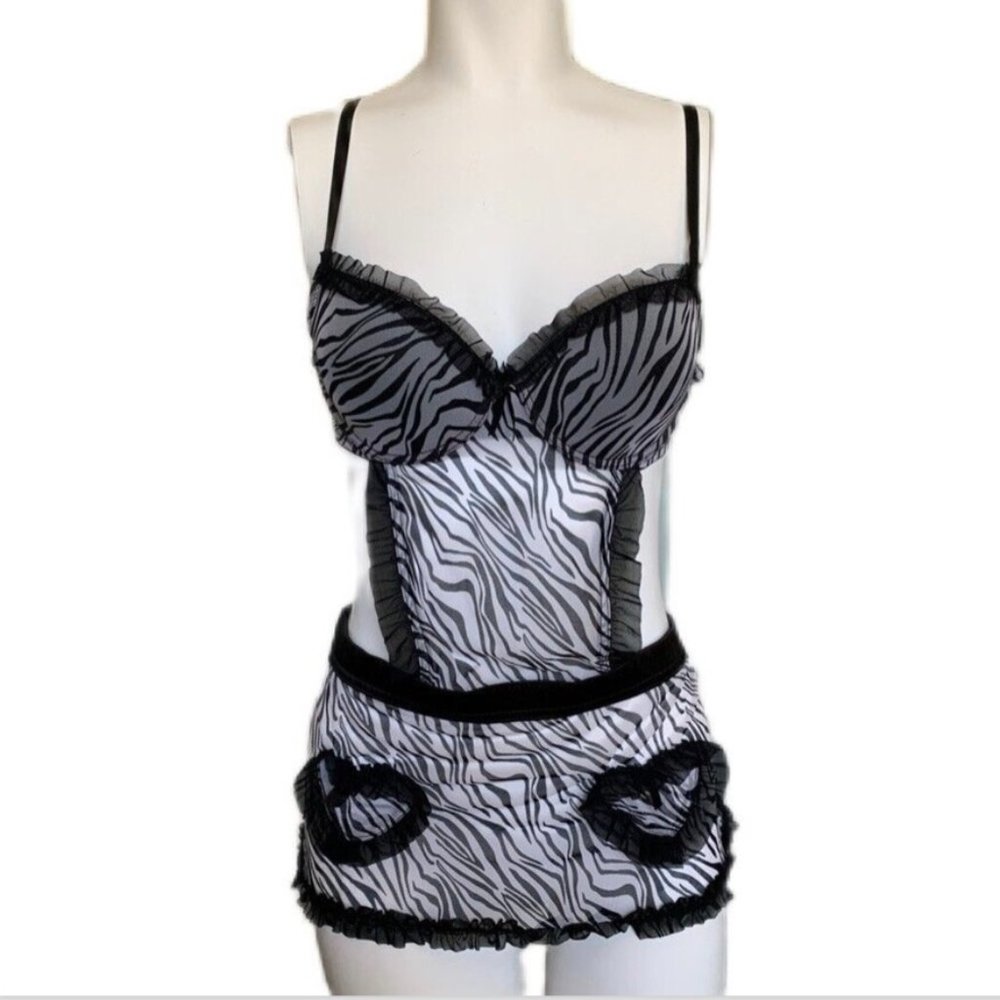 Rene Rofe French Maid Zebra Print 1-Piece Novelty Lingerie, NEW w/Tags Medium/6